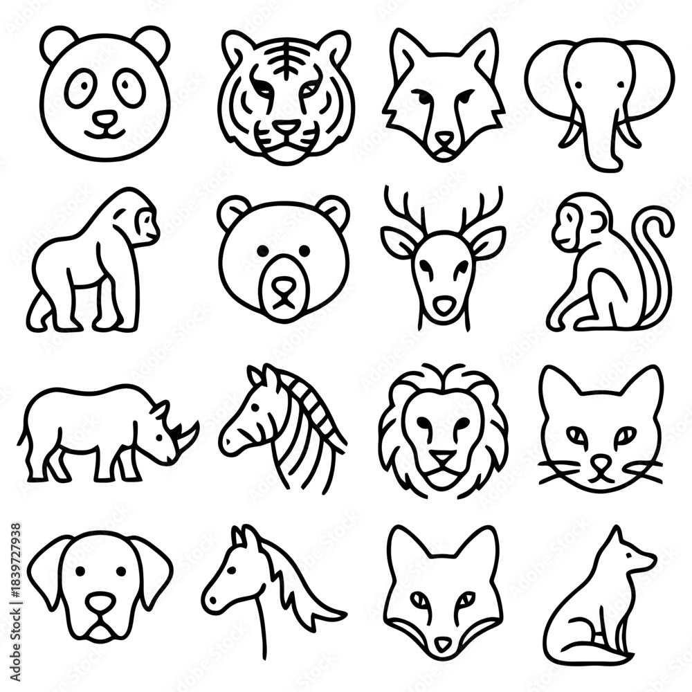 Naklejka premium Diverse Wildlife Icon Collection: A meticulously curated collection of wildlife animal icons. Each icon meticulously crafted with clean lines, representing a range of species from panda to wolf.