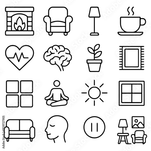 Cozy Icons of Comfort and Relaxation: A delightful collection of minimalist icons, encompassing the essence of a tranquil living space, perfect for evoking a sense of calm and well-being.
