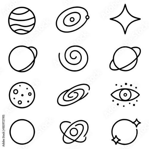 Celestial Symphony: A set of intricate line drawings of celestial bodies, capturing the wonder and mystery of space, evoking a sense of cosmic beauty.