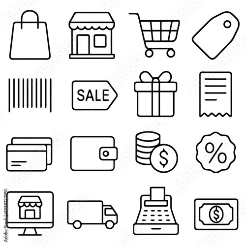 Online Commerce: A collection of simple line icons symbolizing the fundamental elements of commerce and financial transactions, perfect for illustrating the essence of shopping and monetary exchanges.