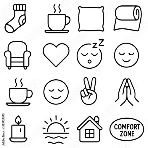 Comfort Icons: A collection of simple, elegant icons representing items associated with relaxation, coziness, and well-being.