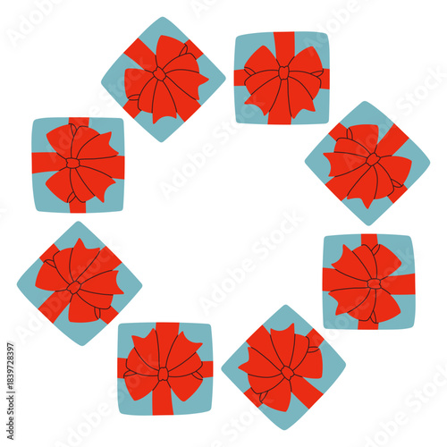 Vector illustration of a circular frame made of red and blue gift boxes tied with ribbons. A festive Christmas border perfect for holiday cards, labels, packaging, and seasonal graphic design.