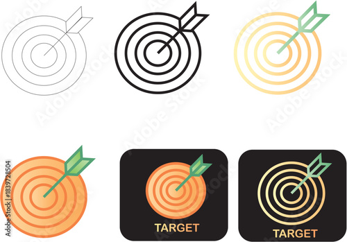 Modern minimalist bullseye and arrow vector icon set for precision, success, and goal achievement, featuring various graphic styles for strategic concepts