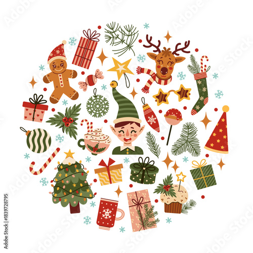 Happy New Year vector icon set. Elf helper, reindeer, gingerbread man. A Christmas tree with garland, gift boxes, surprises, snowflakes. Elements for a festive winter party. Hand drawn cartoon clipart