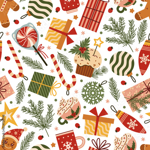 Merry Christmas seamless vector pattern. Colorful gift boxes, holiday decorations, baubles, festive cake with holly. Hot seasonal drink in a mug, fir branches, gingerbread man. Flat cartoon ornament