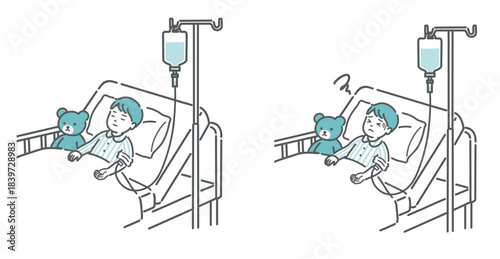 点滴を受ける男の子の比較イラスト（安静 vs 副作用・体調不良）