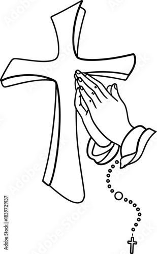 Christian cross praying hands rosary line art vector .