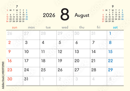 2026年カレンダー8月