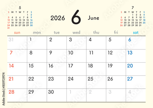 2026年カレンダー6月
