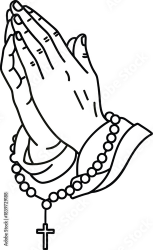 Praying hands rosary cross line art vector .