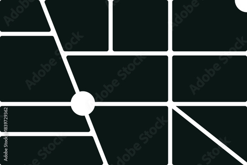 Abstract deep geometric dark grid pattern, white connecting lines, rounded rectangular sections, central circular node. ideal for network visualization, data flow, or modern photo collage template.