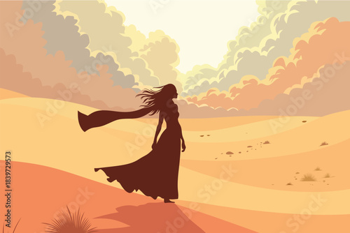 Silhouette of woman in flowing dress walking through sunset desert dunes with dramatic clouds, cinematic vector illustration symbolizing freedom, strength, solitude and inner journey.​
