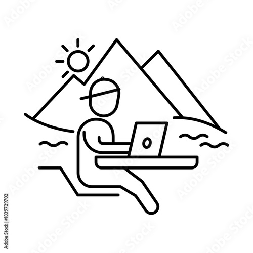 Remote Work From Nature Icon, Laptop - Work Outdoors, Natural Workspace, Digital Nomad, Scenic Workspaces, Work-Life Balance - AI Assistance, Editable Stroke.