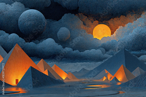 A fantasy landscape with brightly lit pyramids set amidst dark blue mountains and clouds.  