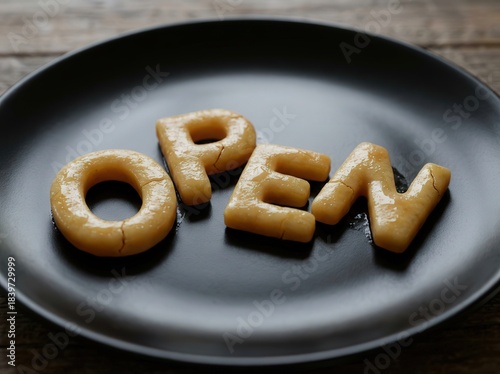 Creative Cookie Letters Spelling Open on Black Plate