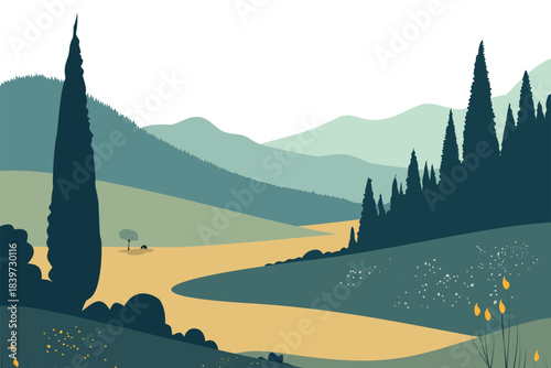 Peaceful valley landscape with rolling green hills, tall cypress trees and winding golden field, modern flat vector illustration of countryside nature, rural travel and summer serenity.​