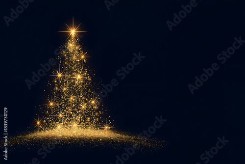 A Glowing Shiny Christmas Tree Sparkling with Golden Lights on a Deep Dark Background, Featuring Elegant Soft Glow and Ample Copy Space, Holiday Messages, Festive Greeting Cards, and Seasonal Designs
