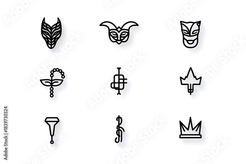 mardi gras iconography, simple mardi gras symbols masks, beads, trumpets, crowns in minimalist line art