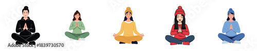 Yoga Meditation Flat Vector Women Winter Outfit Prayer Pose Set