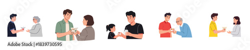 Charity Donation Flat Vector People Sharing Food And Drink Illustration