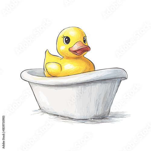 rubber duck on bathtub hand drawn illustration