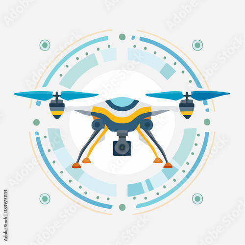 Modern Drone with Camera and Blue Propellers Illustration.