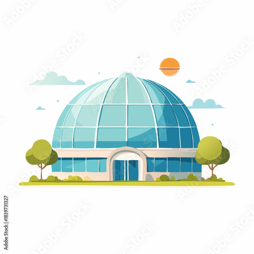 Modern Glass Dome Building with Trees and Sky Elements Illustration.
