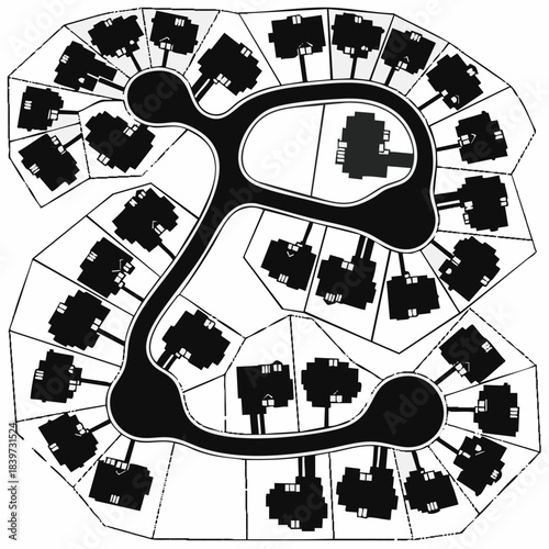 Black and white aerial layout of a suburban neighborhood with detached houses and curved roads.