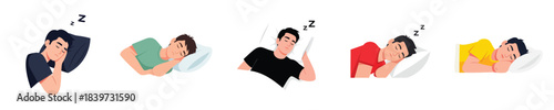 Sleeping Man Flat Vector Illustration Healthy Night Rest Concept Set