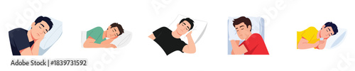 Sleeping Man Flat Vector Illustration Healthy Night Rest Lifestyle Set