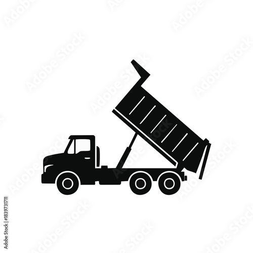 Black silhouette icon of a dump truck with raised bed for unloading.