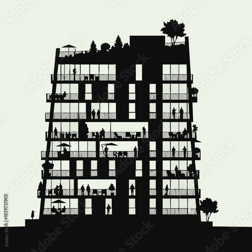 Silhouette of modern multi-story building with people and plants on balconies.