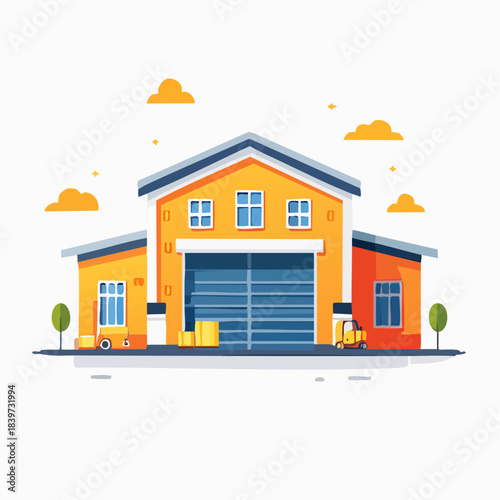 Modern Warehouse Building with Blue Roller Door and Windows.