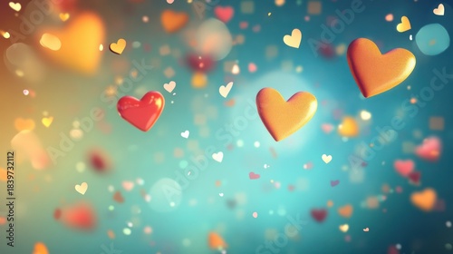 Artistic rendering featuring floating hearts with a soft bokeh background