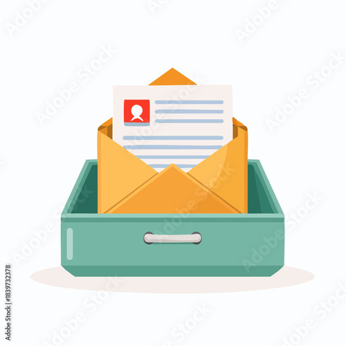 Office Inbox with Open Envelope and Document Illustration.