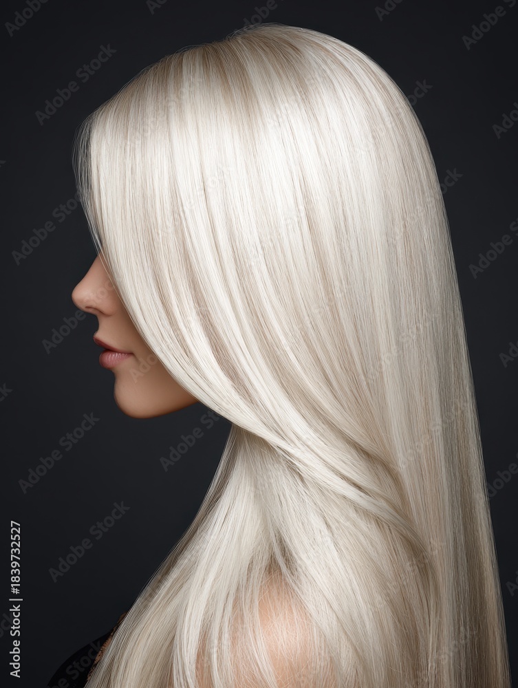 Naklejka premium Light ash blonde hair cascading smoothly with glossy, healthy shine, detailed texture visible in a premium studio beauty portrait 