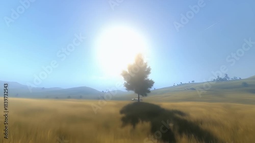 A sunlit, misty field with a lone tree, rolling hills, and a clear blue sky