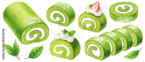 抹茶ロールケーキのイラストセット（カット・デコレーション）,和スイーツ,デザート,いちご,水彩風,リアルイラスト,カフェ