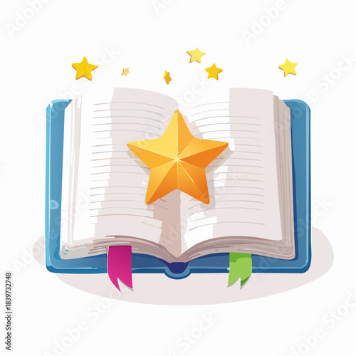 Open Book with Star and Bookmark Illustration.
