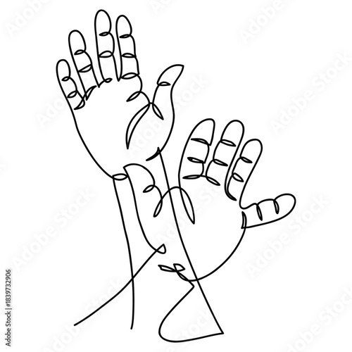 Hand drawn continuous one line of hands up. poster art print. human rights sign in one line style