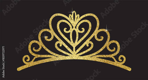Elegant vector golden glitter crown or tiara isolated on a black background. Luxury wedding, birthday, and party accessory with heart and swirl royal motifs.