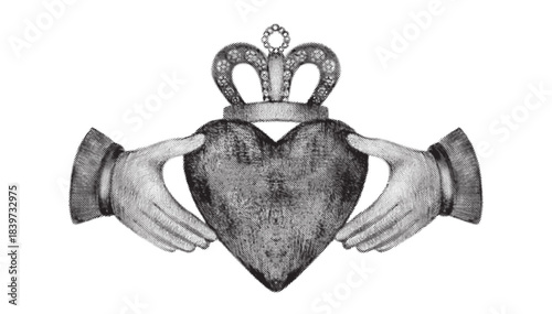 Claddagh ring vector illustration engraved black Irish symbol of love, loyalty and friendship with heart, hands and crown