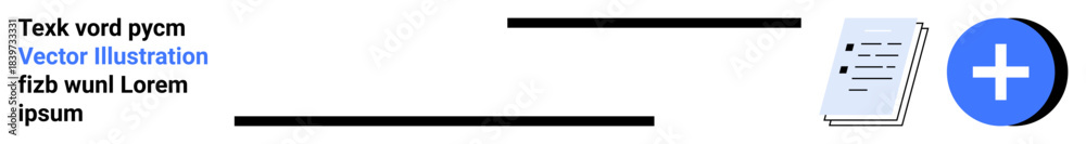 Obraz premium Digital file management, online documentation, data entry, record-keeping, business processes, teamwork. A paper document next to a blue addition icon with placeholder text. Digital file management