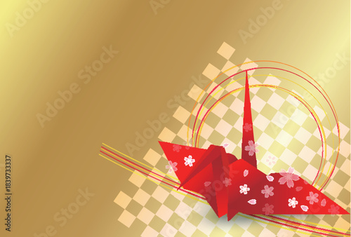 和柄　鶴　年賀状　金　背景	