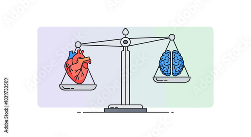 Heart and Brain on Scale Illustrating Balance of Emotion and Logic.