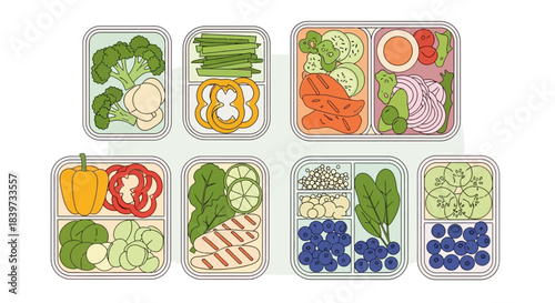 Healthy Meal Prep Containers Filled With Fresh Vegetables And Fruits.