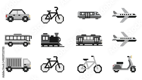 A pixelated collection of transportation icons representing various modes of travel including cars, bikes, trains, airplanes, buses, trucks, and scooters