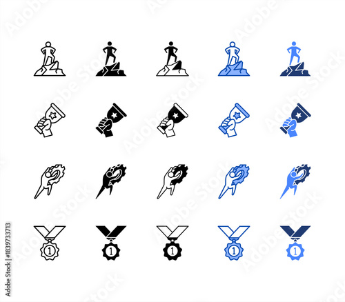 Courage, Success, Tenacity, Achievement multiple style icon set.
