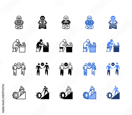 Initiative, Hard work, Commitment, Effort multiple style icon set.