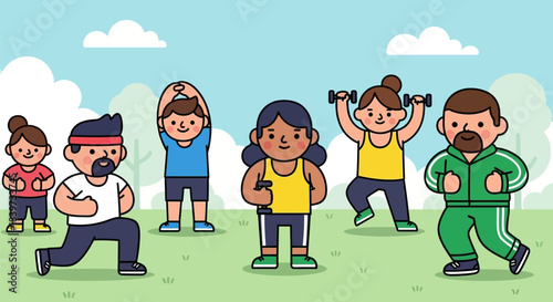 Diverse group of people engaging in various fitness activities outdoors.